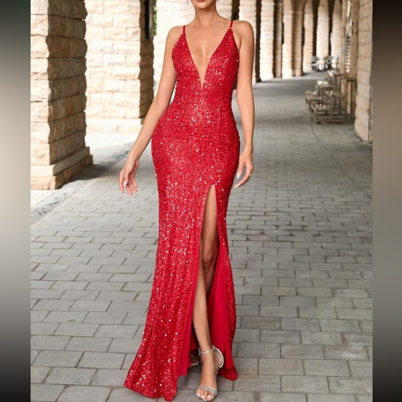 Luxe slit thigh party formal evening sequins dress - Picture 6 of 6